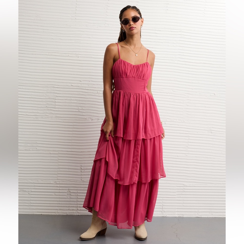 American Eagle tiered chiffon sweetheart pink maxi dress